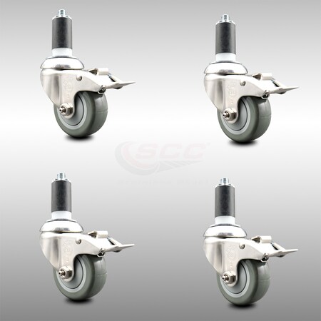 Service Caster 3 Inch 316SS Gray Poly Swivel 1-3/8 Inch Expanding Stem Caster Set Lock Brake SCC-SS316TTLEX20S314-PPUB-138-4